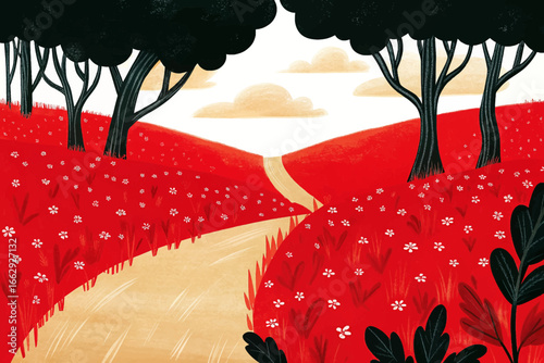 Abstract rural landscape featuring a winding path, lush trees, and open meadows, creating a serene countryside scene background, posters, and design projects.
