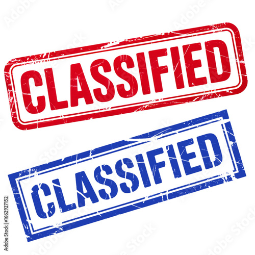 Red and blue classified stamps conveying secrecy, information, and official approval for documents