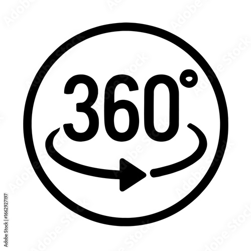 Vector graphic illustration of a 360-degree symbol with a rotation arrow, representing a full view, immersive experience, or complete cycle.