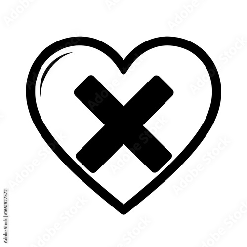 Vector graphic illustration of a heart with a cross, symbolizing concepts of dislike, rejection, or broken love.