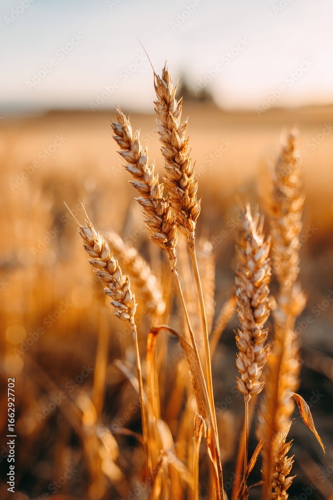 Fototapeta premium Golden wheat stalks at sunset