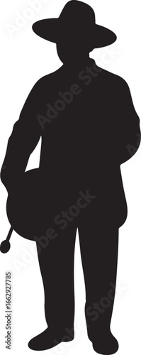 Silhouette man banjo player full length against grey checked backdrop