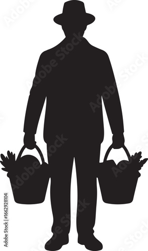 Silhouette farmer carries harvested crops in baskets on light gray area