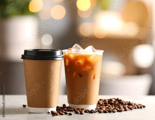 Two iced coffee drinks on a table