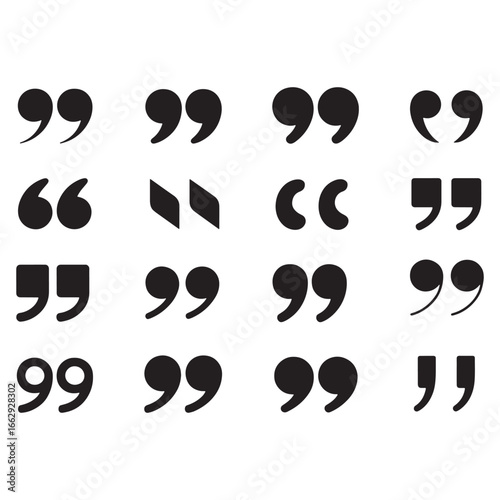 A diverse set of black quotation mark symbols in various typographic styles for design and text layout, vector illustration