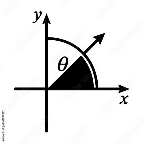 Vector graphic illustration of angle theta in a cartesian coordinate system, perfect for math, geometry, and trigonometry concepts.