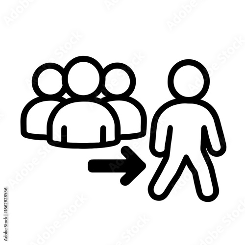 Vector graphic illustration of one person separating from a group with an arrow, representing concepts of individualism, social distancing, or leaving a team.