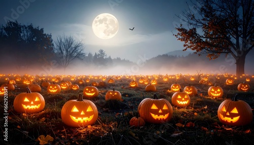 Spooky pumpkin field at night under a full moon