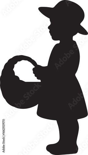 Silhouette girl carries full basket standing in light grey area style