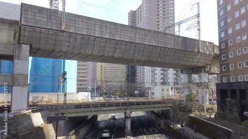 March 9, 2025. Sendai, Miyagi Prefecture, Japan. Traffic around the area and the Tohoku Main Line as seen from the footbridge on Atago Uesugi Street.