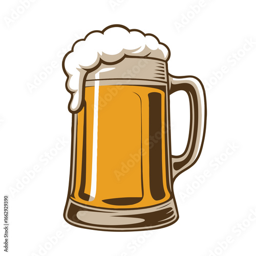 A classic cartoon beer mug filled with golden ale and a thick head of foam, ideal for bar or festival themes, vector illustration