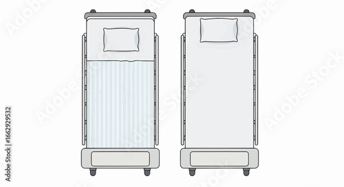 Top view of beds with striped and plain bedding for interior design layouts