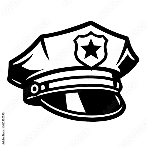 Police Hat Vector - Black and White Illustration of Law Enforcement Cap with Star Badge