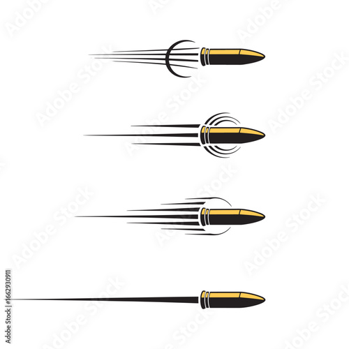 A set of speeding golden bullets with motion trails, representing speed, danger, and dynamic action, vector illustration