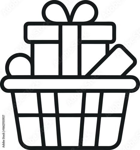 "Gift Basket Icon – Outline Hamper with Present Box, Bow, and Goodies"