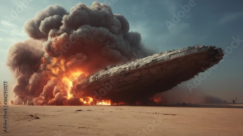 Wallpaper Mural Spaceship crashes and explodes in desert environment, creating massive smoke and fire clouds Torontodigital.ca