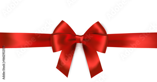 Shiny Red satin ribbon on white background. Vector Christmas gift, valentines day, birthday wrapping element