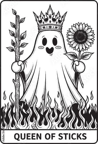 Funny Happy Ghost on Queen of Sticks Tarot Card with Crown, Flames and Sunflower