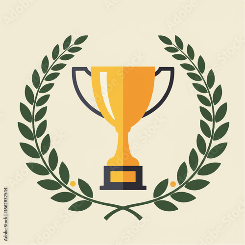 A shining sports trophy, embodying victory and excellence, is beautifully encircled by a classic green flat laurel wreath in a distinct modern 2D vector illustration.