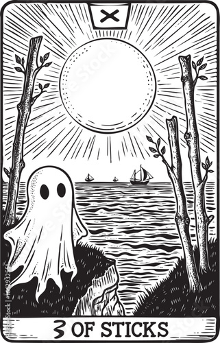 Funny Ghost Looking Out to Sea on 3 of Sticks Tarot Card with Ships and Sunset