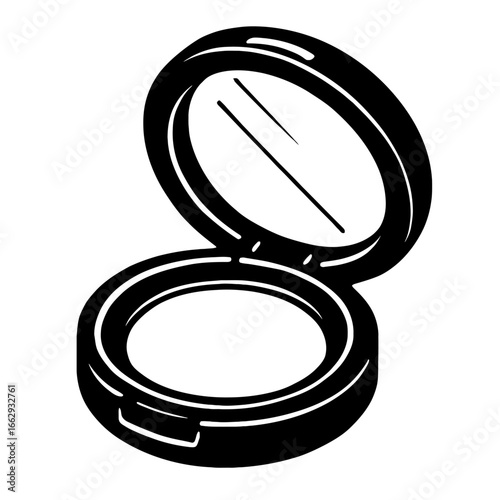 Hand-drawn vector illustration of an open makeup compact with a mirror and pressed powder. Simple, bold graphic perfect for beauty, cosmetics, and salon designs.