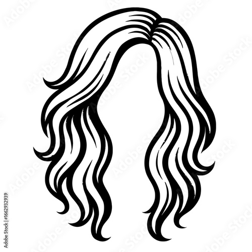 Vector illustration of a long, wavy female hair wig. Hand-drawn graphic in a simple, doodle style, perfect for beauty, fashion, and hair care designs.