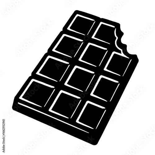 A black and white vector illustration of a chocolate bar with a bite taken out of the corner. This graphic is perfect for themes of desserts, treats, cravings, and indulgence.