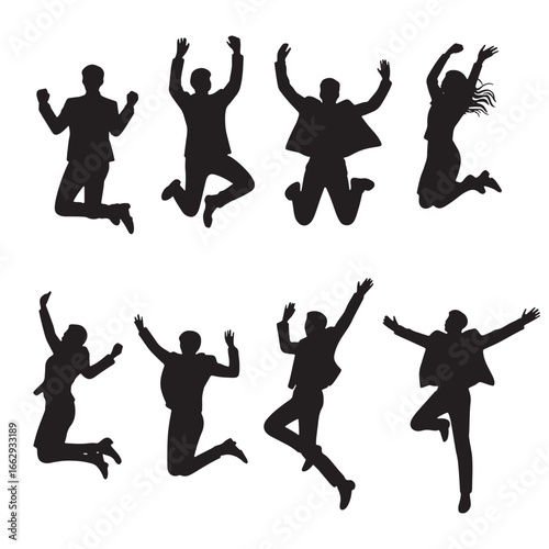 A dynamic collection of black silhouettes showing young, happy people jumping with energy and excitement, vector illustration