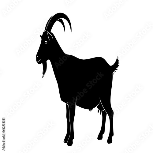 Silhouette of a majestic goat, standing proudly, showcasing its curved horns and beard.