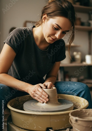 Woman Shaping Clay on a Pottery Wheel A Creative Art Form in the Workshop. Crafting with Hands. Creating ceramic art