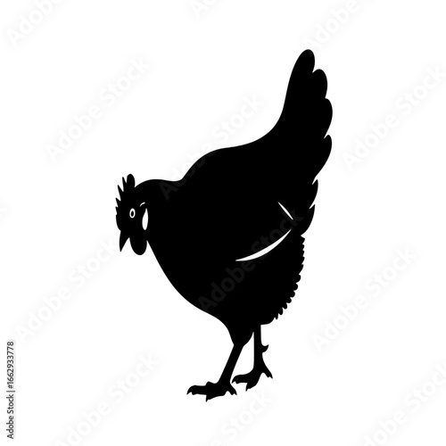 A black silhouette of a chicken, head lowered, standing on a white background.