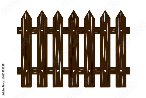 A black and white vector illustration of a wooden picket fence. This graphic is ideal for themes of home, property, safety, and gardening.