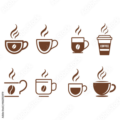 A stylish set of brown coffee cup icons with steam, representing different coffee drinks for a cafe's branding, vector illustration