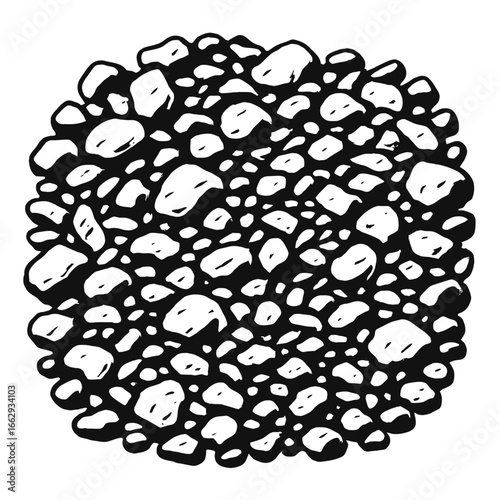 A detailed black and white vector illustration of a pile of various stones and pebbles. This natural texture is suitable for backgrounds, geology, or landscaping themes.