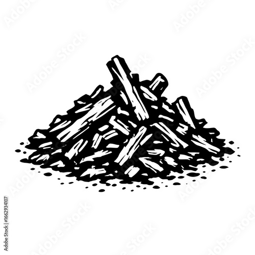 A black and white vector illustration of a stack of firewood and twigs. This rustic image represents nature, camping, and resources.