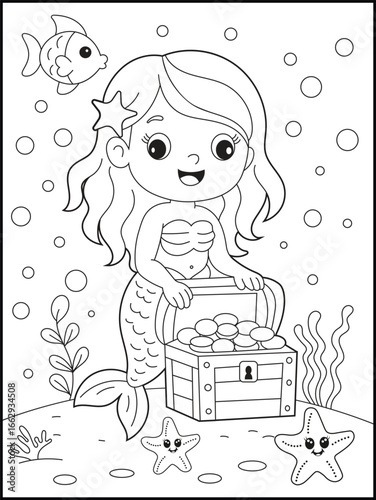 Mermaid opening a treasure coloring page for kids and adults.