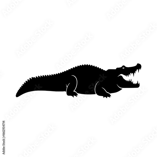Silhouette of a large crocodile with open jaws, isolated on white background.