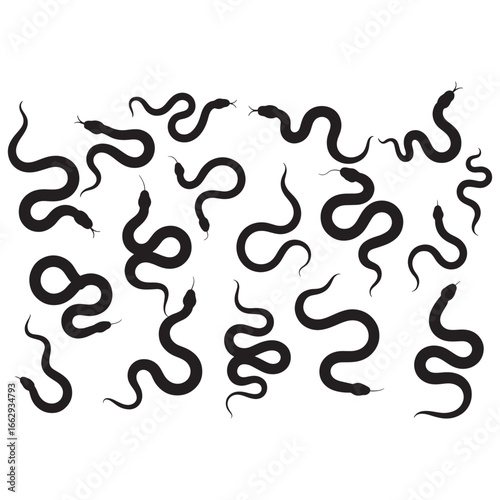 A seamless and abstract pattern of twisting black snake silhouettes for backgrounds and textile prints, vector illustration