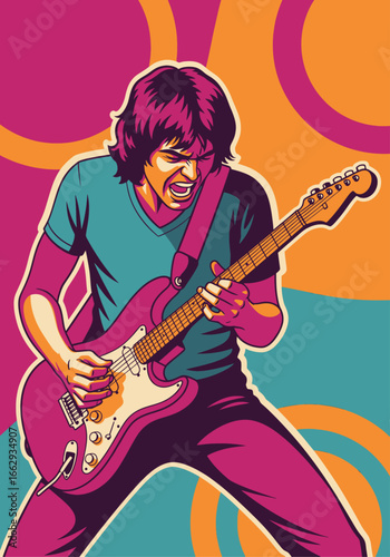 A vibrant pop art illustration captures the raw energy of a rock guitarist shredding a passionate solo against a psychedelic 70s-style backdrop.