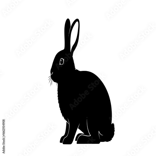 A black silhouette of a rabbit sitting, facing right, detailed ears and whiskers.