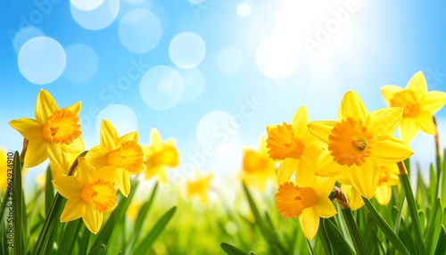 Spring daffodils bloom in a field against a bright, sunny sky