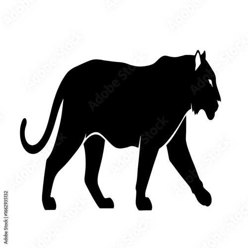 Silhouette of a tiger walking, profile view, bold black shape.