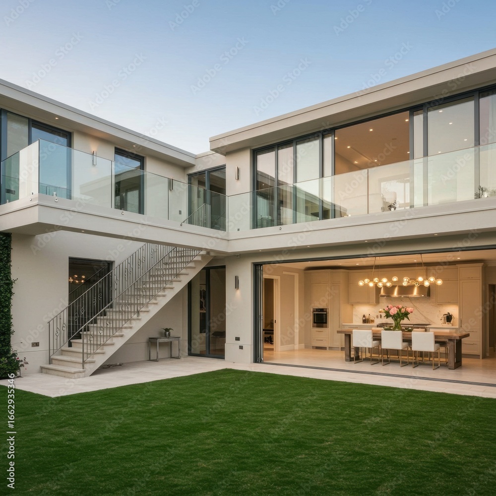 Fototapeta premium Modern Two Story House with Open Floor Plan and Glass Walls