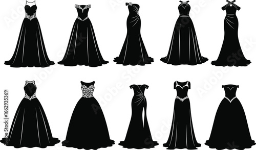 Evening dress vector set, black illustrations, elegant gown graphics, formal wear designs, fashion clipart, silhouette collection, stylish outfits, bridal inspiration