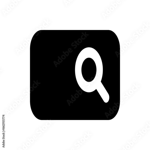 Black rectangle with rounded corners containing a white magnifying glass icon on the right side area