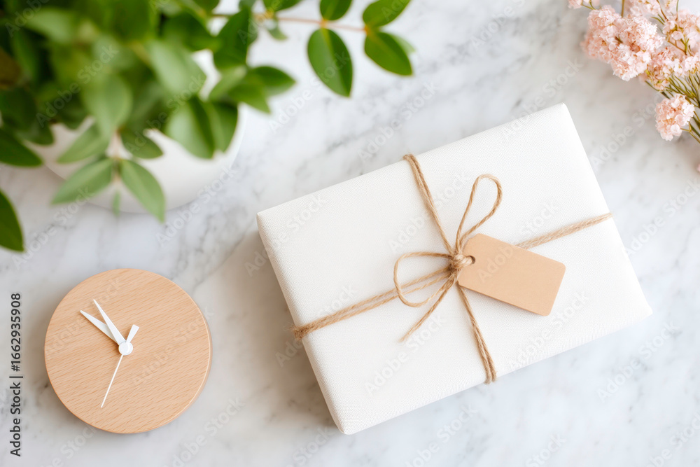 A beautifully wrapped offwhite gift with natural twine and a rustic wooden clock placed on a smooth marble surface representing a thoughtful simple present A beautifully wrapped offwhite gift with natural twine and a rustic wooden clock placed on a smooth marble surface representing a thoughtful simple present