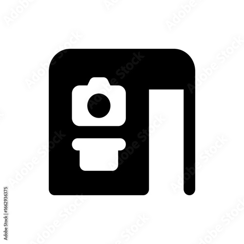 A black photobooth icon with a camera and a slot for photos on a white background in a simple style