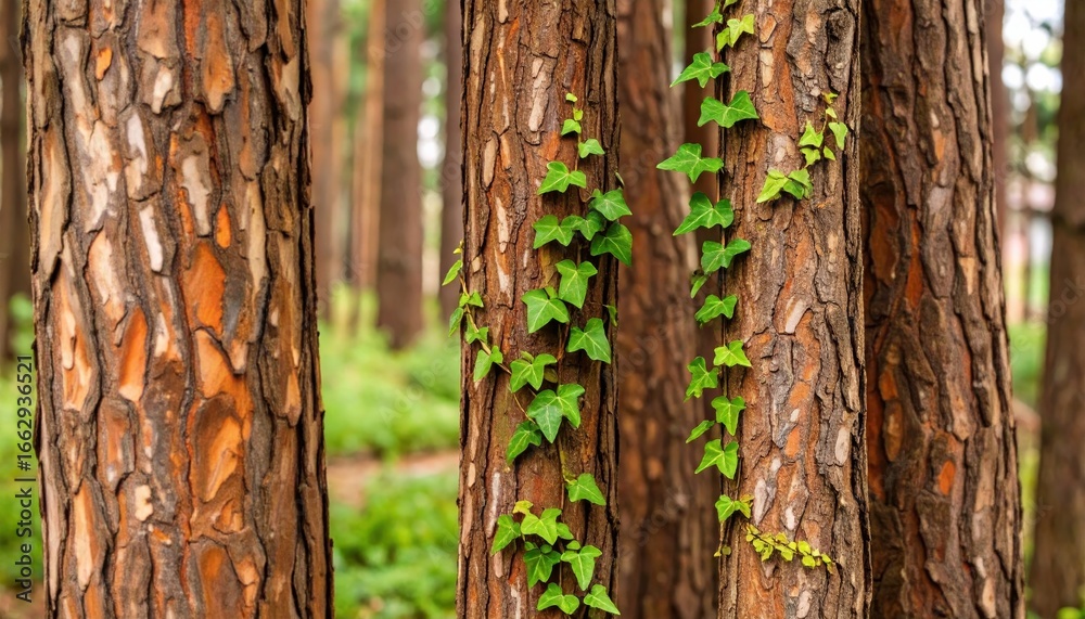 Fototapeta premium Pine trees with ivy and moss-covered trunks in a lush green forest environment