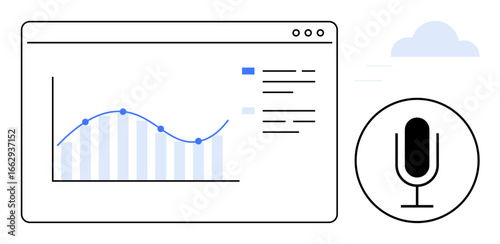 Chart with a trendline and bars in a browser window, microphone icon for voice control. Ideal for data analysis, voice command, AI, technology, accessibility, automation, simple landing page