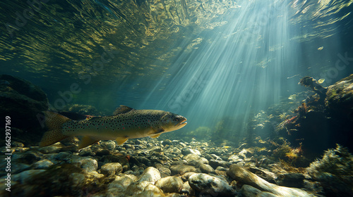 Underwater scene of a trout fish  swimming in the sea 